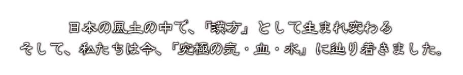 日本の風土の中で、「漢方」として生まれ変わる。そして、私達は今、「究極の気・血・水」に辿り着きました。